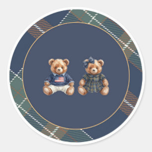 Vornehmer Teddybär-Aufkleber Navy Karo Runder Aufkleber