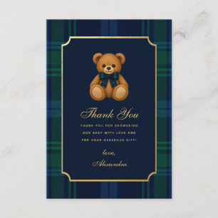 Vornehmer Teddybär Blau Tartan Baby Jungen Dusche Dankeskarte