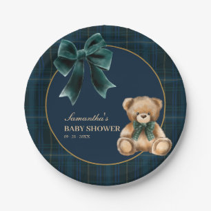 Vornehmer Teddybär Grün Kariert Baby Shower Pappteller