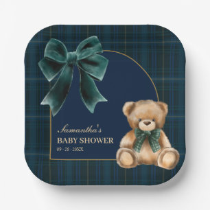 Vornehmer Teddybär Grün Kariert Baby Shower   Pappteller