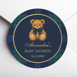 Vornehmer Teddybär Navy Blau Tartan Baby Boy Showe Runder Aufkleber