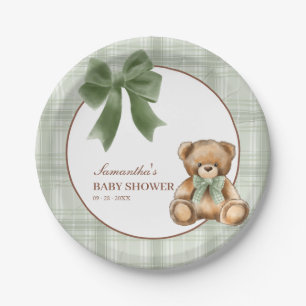 Vornehmer Teddybär Sage Karierter Baby Shower Pappteller