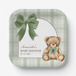 Vornehmer Teddybär Sage Karierter Baby Shower   Pappteller