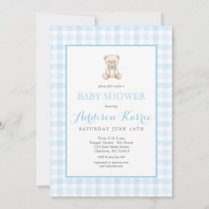 Vornehmes blau kariertes Teddybär-Baby-Shower Einladung