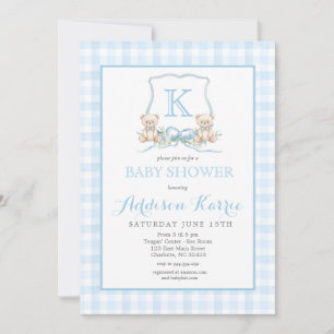 Vornehmes blau kariertes Teddybär-Baby-Shower Einladung