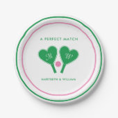 Vornehmes grün-rosa Hochzeitspickleball Pappteller (Vorderseite)