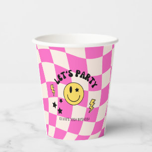 Vornehmes heißrosa Y2K Happy Face Geburtstagspapie Pappbecher