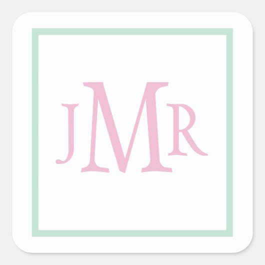Vornehmes Hellgrün & Rosa Monogramm Quadratischer Aufkleber (Vorderseite)