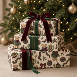 Vornehmes Karo-Teddybär-Burgunder-Schleifen-Weihna Geschenkpapier