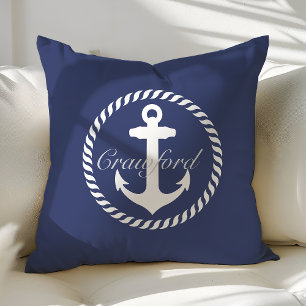 Vornehmes Marineblau und Weißes Maritimes Anker Mo Kissen