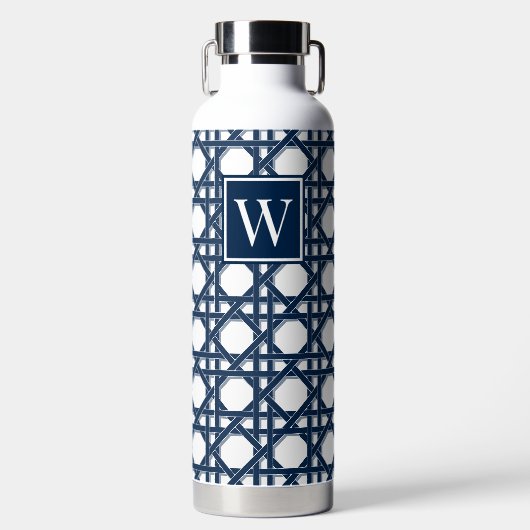 Vornehmes Navy-Blau-Rattan-Flechtwerk-Monogramm Trinkflasche (Vorderseite)
