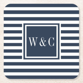 Vornehmes Navyblau-weiß gestreiftes Monogramm Rechteckiger Pappuntersetzer