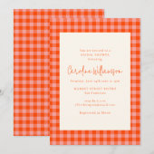 Vornehmes orange-pinkes Gingham-Karo-Brautjungfern Einladung (Vorne/Hinten)