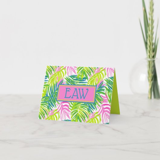 Vornehmes Pink und grüne Palmwedel-Monogramm (Vorderseite)