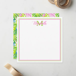Vornehmes Pink und grüne Palmwedel-Monogramm Mitteilungskarte