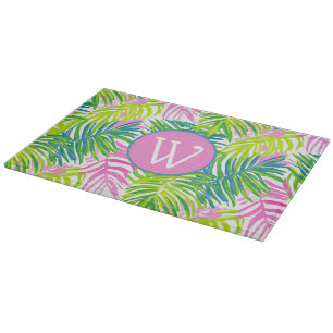 Vornehmes Pink und grüne Palmwedel-Monogramm Schneidebrett