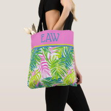 Vornehmes Pink und grüne Palmwedel-Monogramm