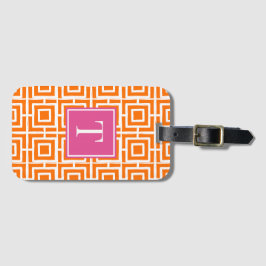 Vornehmes quadratisches Gitter-Monogramm Orange un Gepäckanhänger