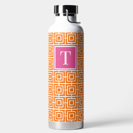 Vornehmes quadratisches Gitter-Monogramm Orange un Trinkflasche