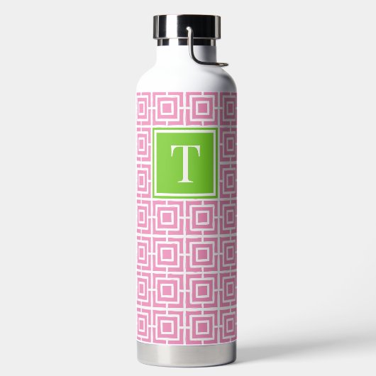 Vornehmes quadratisches Gitter-Monogramm – Rosa &  Trinkflasche (links)