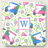 Vornehmes Rosa & Blau Golfwagen Monogramm Golfer Getränkeuntersetzer (Vorderseite)