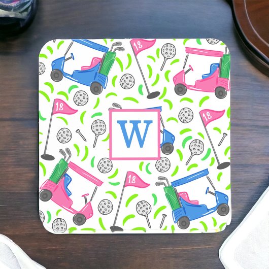 Vornehmes Rosa & Blau Golfwagen Monogramm Golfer Getränkeuntersetzer