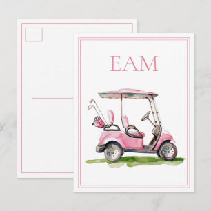 Vornehmes rosa Golfcart-Monogramm Postkarte