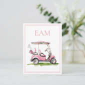 Vornehmes rosa Golfcart-Monogramm Postkarte (Stehend Vorderseite)