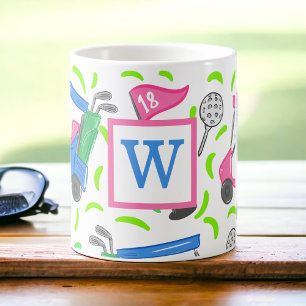 Vornehmes rosa-grünes Golfcart mit personalisierte Kaffeetasse