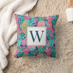 Vornehmes Rosa Türkis Marineblau Ananas Monogramm Kissen