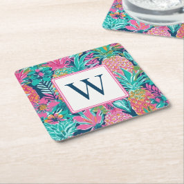 Vornehmes Rosa Türkis Marineblau Ananas Monogramm Rechteckiger Pappuntersetzer