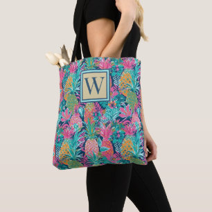 Vornehmes Rosa Türkis Marineblau Ananas Monogramm Tasche