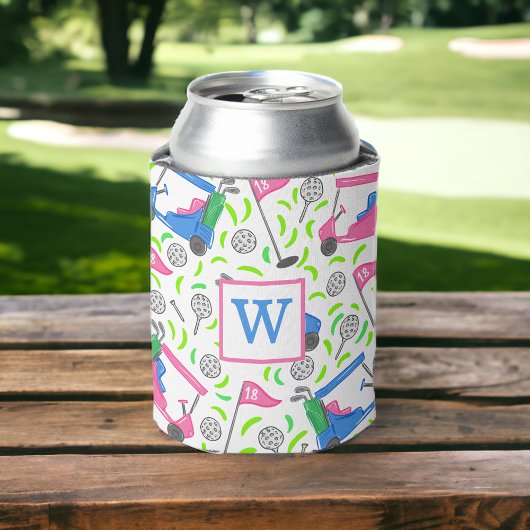 Vornehmes rosa und blaues Golfcart-Monogramm/ Gesc Dosenkühler