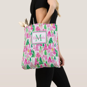 Vornehmes Rosa und Grün Weihnachtsbäume Monogramm Tasche