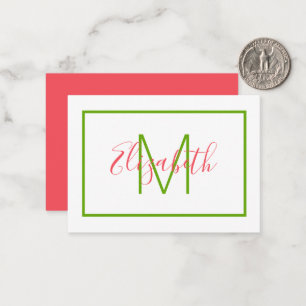 Vornehmes rosa und grünes Monogramm Mitteilungskarte