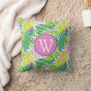 Vornehmes Rosa und Grünes Palmwedel-Monogramm Kissen