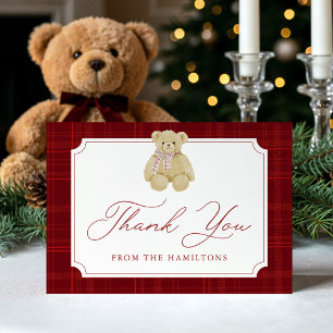 Vornehmes rotes kariertes Teddybär-Babyshower Dankeskarte