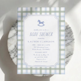 Vornehmes Schaukelpferd Blau und Sage Kariert Baby Einladung