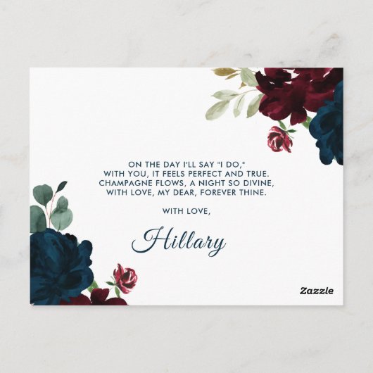 Vorschlag für Burgund & Navy Rustikale Bridesmaid Postkarte (Rückseite)