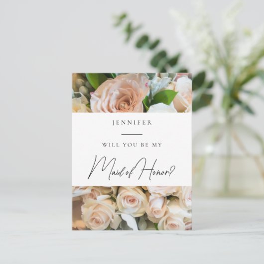 Vorschlag für eine elegante Trauzeugin mit Blumen Postkarte (Stehend Vorderseite)