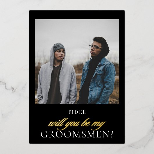 Vorschlag für moderne Black Gold Script Foto Trauz Folieneinladung (Vorderseite)