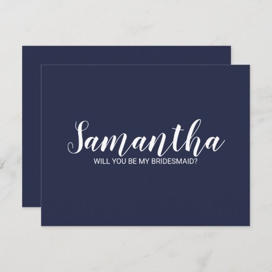 Vorschlag von Bridesmaid | Modern Script Navy Blue Einladung (Vorne/Hinten)