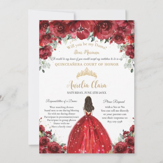 Vorschlag von Chic Quinceañera Red Floral Dama Einladung (Vorderseite)