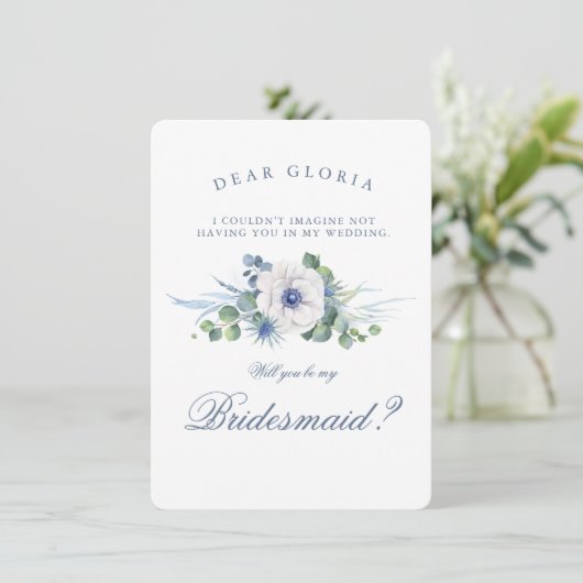 Vorschlag von Dusty Blue Floral Greenery Bridesmai Einladung (Stehend Vorderseite)