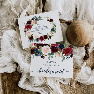 Vorschlagskarte für Burgundy Navy-Floral-Bridesmai Postkarte