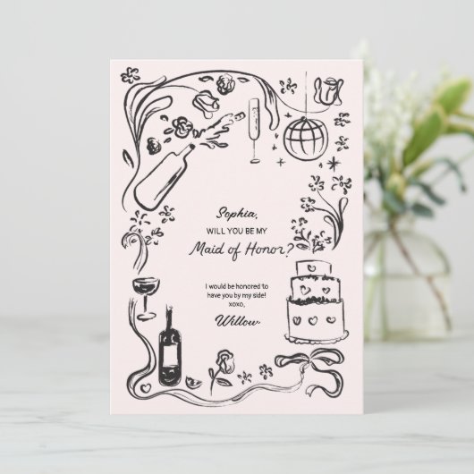 Vorschlagskarte für die handgezeichnete Trauzeugin Einladung (Stehend Vorderseite)