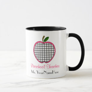 Vorschullehrer-Tasse - graues Rosa Gingham-Apples Tasse