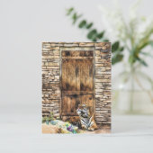 Vorsicht bei der Hauskatze Wild Tiger an der Hütte Postkarte (Stehend Vorderseite)