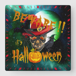 Vorsicht, es ist Halloween-Skull & Moon Quadratische Wanduhr