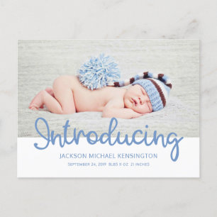 Vorstellung von Baby Boy Blue Typografie Foto Ankündigungspostkarte